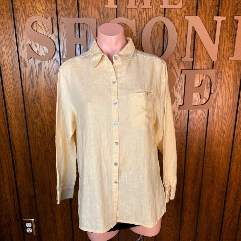 Parisian Works Button Down Shirt Women M Yellow 100% Linen Minimalist Preppy Top